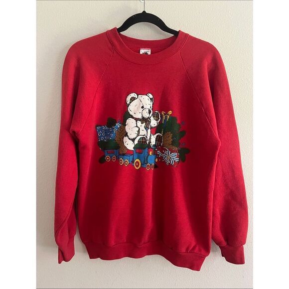 No Brand Sweaters - Vintage Christmas Teddy Bear Sweatshirt Red Toy Train Gifts Holiday Womens L USA